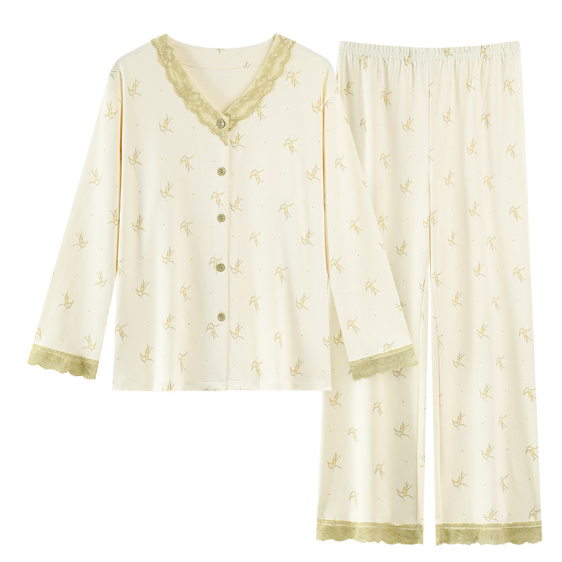 Ženski pidžama set u stilu jelena, 100% pamuk, dugi rukavi, V-izrez, srednje debljine, jesen 2025