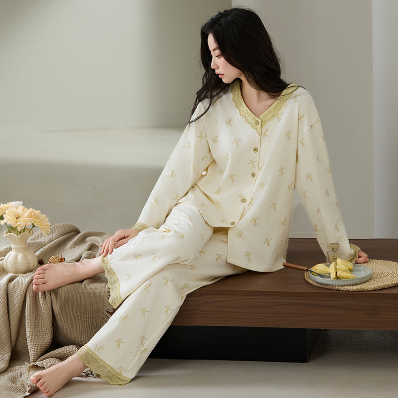 Ženski pidžama set u stilu jelena, 100% pamuk, dugi rukavi, V-izrez, srednje debljine, jesen 2025