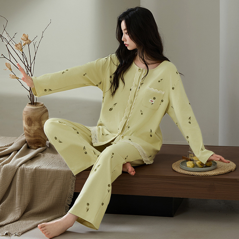 Ženski pidžama set u stilu jelena, 100% pamuk, dugi rukavi, V-izrez, srednje debljine, jesen 2025