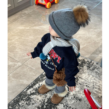 Детски суитшърт за момчета с принт на букви в карикатурен стил, подплатен с пух, дълъг ръкав, 100% полиестер, за деца 3–8 години