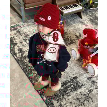 Детски суитшърт за момчета с принт на букви в карикатурен стил, подплатен с пух, дълъг ръкав, 100% полиестер, за деца 3–8 години