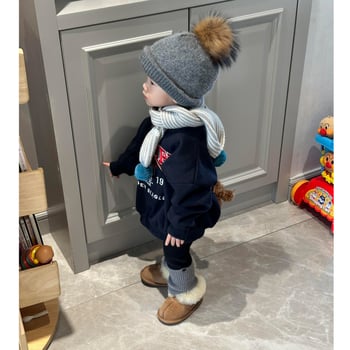 Детски суитшърт за момчета с принт на букви в карикатурен стил, подплатен с пух, дълъг ръкав, 100% полиестер, за деца 3–8 години