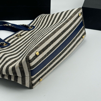 Platnena tote torba s prugastim uzorkom, kopča, skriveni džep sa zipom, pravokutni oblik, jedna naramenica