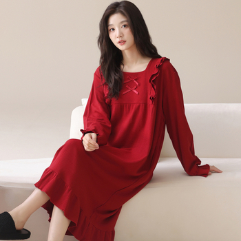 Rochie de noapte, într-un singur piesă, stil coreean, material asemănător bumbac, mâneci lungi, guler rotund