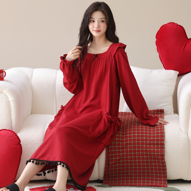 Rochie de noapte, într-un singur piesă, stil coreean, material asemănător bumbac, mâneci lungi, guler rotund