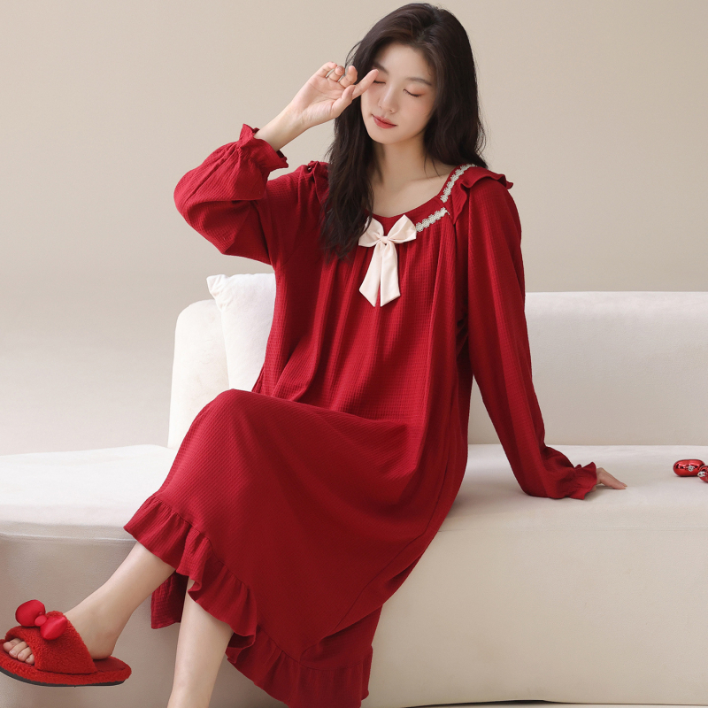 Rochie de noapte, într-un singur piesă, stil coreean, material asemănător bumbac, mâneci lungi, guler rotund