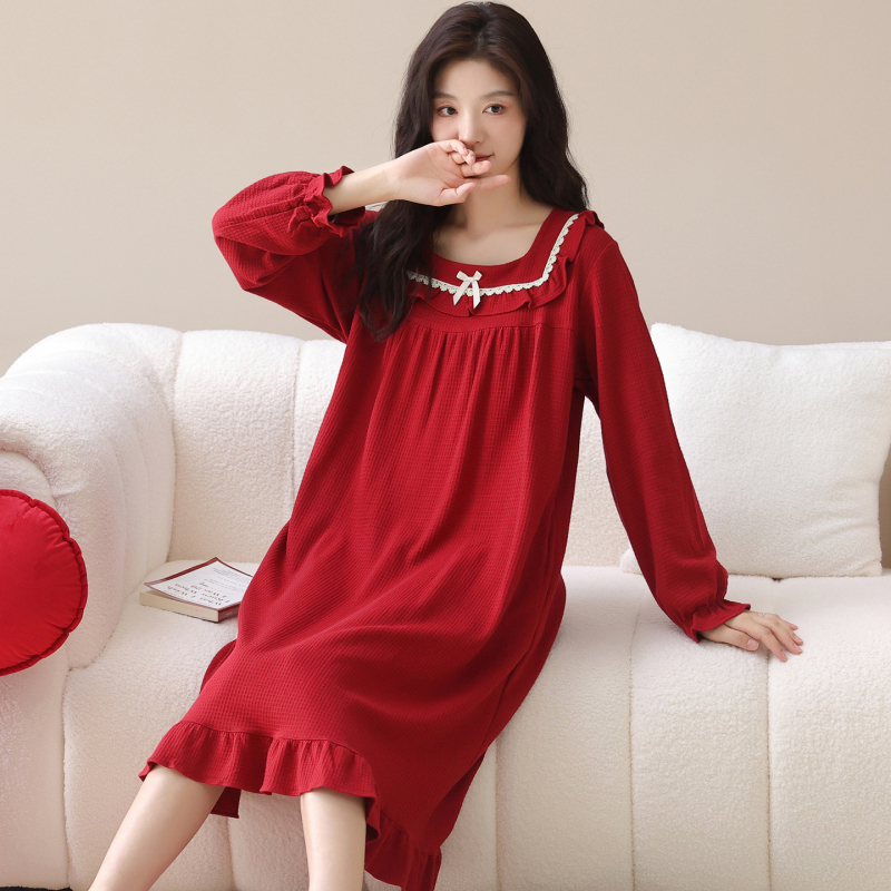 Rochie de noapte, într-un singur piesă, stil coreean, material asemănător bumbac, mâneci lungi, guler rotund