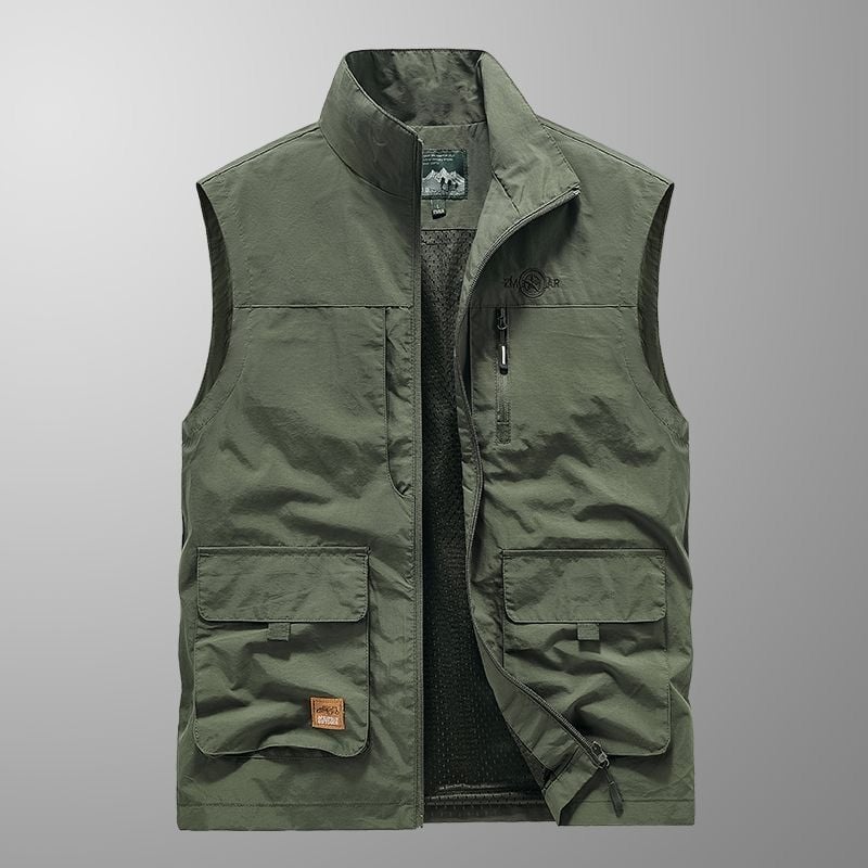 Vesta lejeră fără mâneci cu guler înalt, fermoar și buzunare tridimensionale