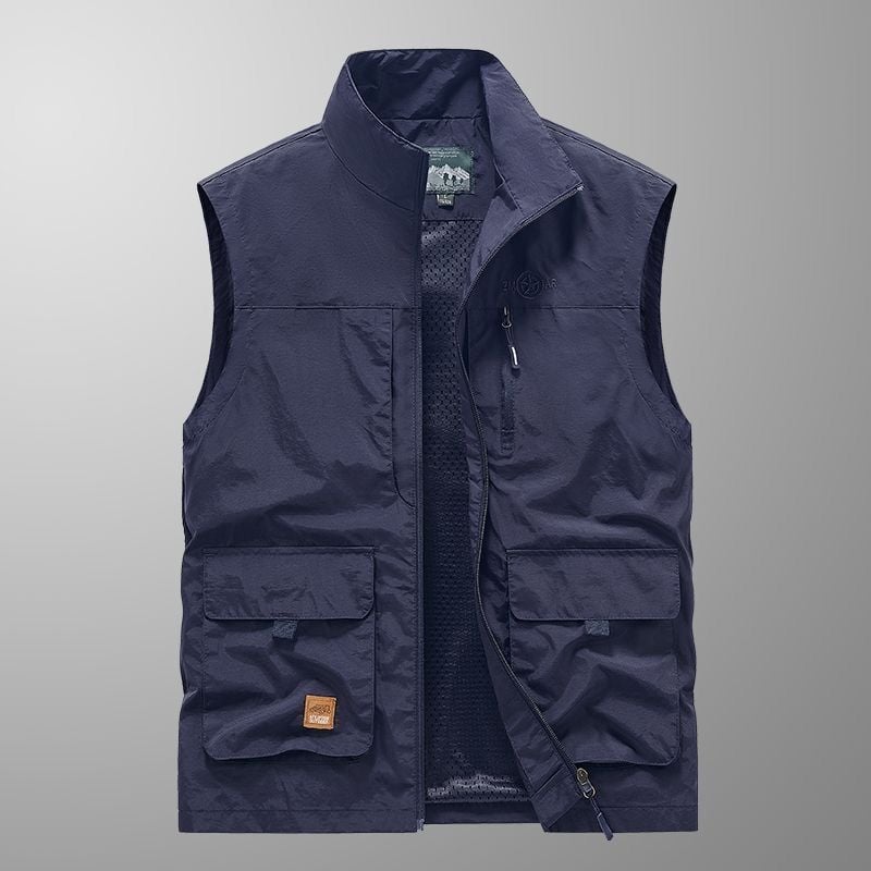 Vesta lejeră fără mâneci cu guler înalt, fermoar și buzunare tridimensionale