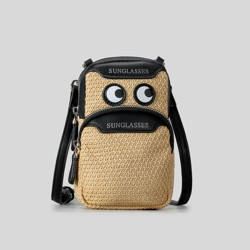 Slamnata crossbody torbica za telefon, vertikalnog kvadratnog oblika, sa zip zatvaračem, džepom za telefon, s jednom naramenicom