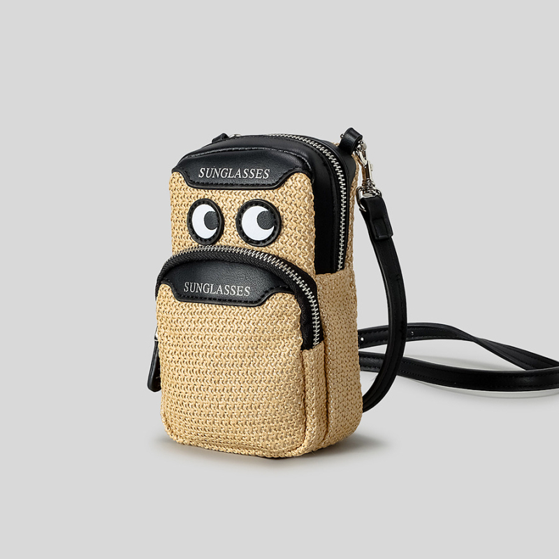 Slamnata crossbody torbica za telefon, vertikalnog kvadratnog oblika, sa zip zatvaračem, džepom za telefon, s jednom naramenicom