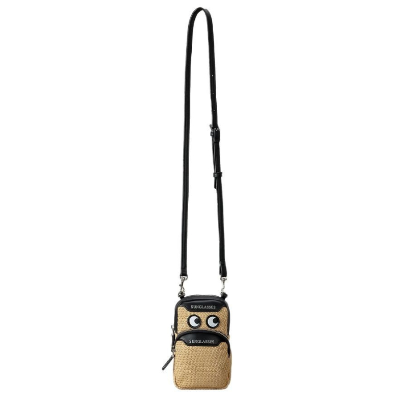 Slamnata crossbody torbica za telefon, vertikalnog kvadratnog oblika, sa zip zatvaračem, džepom za telefon, s jednom naramenicom