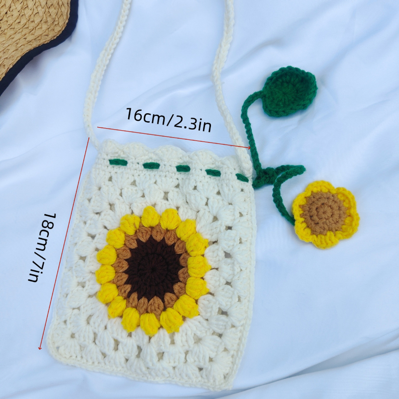 Heklana crossbody torbica sa motivom suncokreta, zatvaranje šnurlom, pamuk, vertikalni kvadratni oblik, bez podstava, za opuštena putovanja