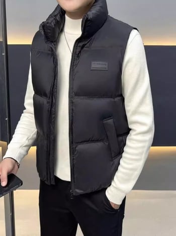 Мъжки пухен елек - къс модел, Stand-up яка, Свободен силует, Закопчаване с връзки, Полиестер