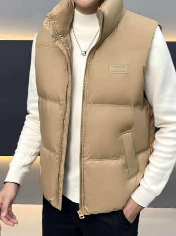 Мъжки пухен елек - къс модел, Stand-up яка, Свободен силует, Закопчаване с връзки, Полиестер