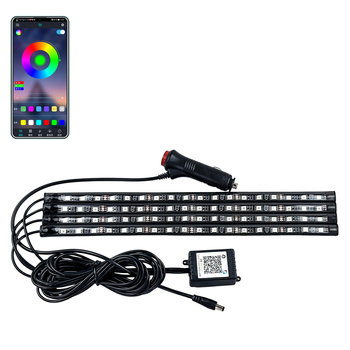 Autó belső LED hangulatvilágítás szett, 4-csatornás, alkalmazás-vezérelt, színváltó, lábtér világítás, testreszabható beállítások, USB 5V vagy 12V tápegység