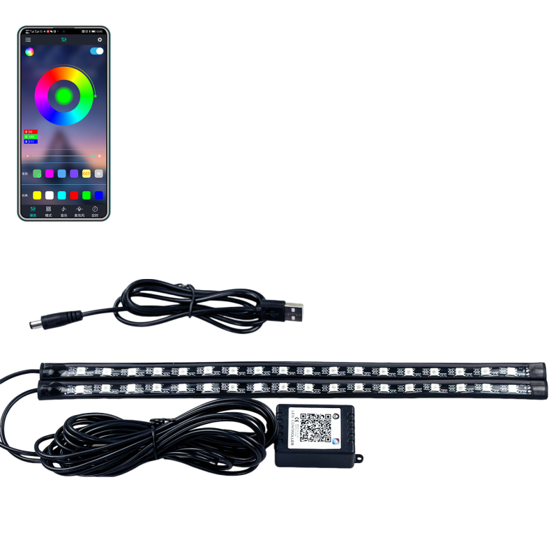 Autó belső LED hangulatvilágítás szett, 4-csatornás, alkalmazás-vezérelt, színváltó, lábtér világítás, testreszabható beállítások, USB 5V vagy 12V tápegység