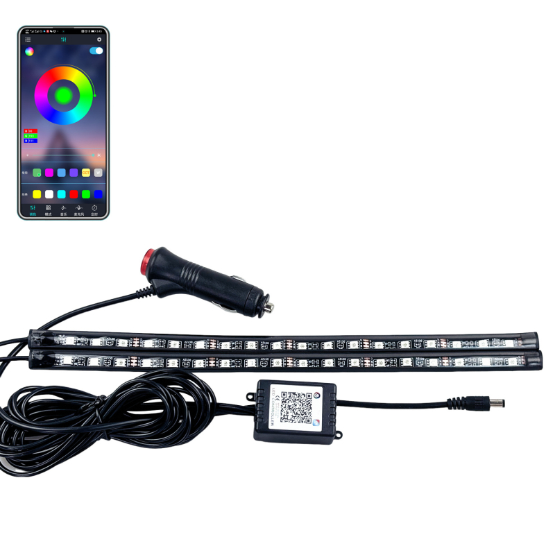 Autó belső LED hangulatvilágítás szett, 4-csatornás, alkalmazás-vezérelt, színváltó, lábtér világítás, testreszabható beállítások, USB 5V vagy 12V tápegység