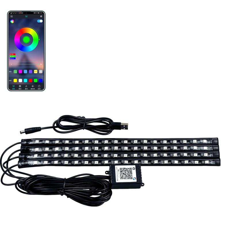 Autó belső LED hangulatvilágítás szett, 4-csatornás, alkalmazás-vezérelt, színváltó, lábtér világítás, testreszabható beállítások, USB 5V vagy 12V tápegység