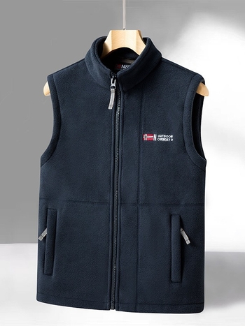 Jachetă fleece, culoare solidă, croială lejeră, 100% fleece poliester, broderie