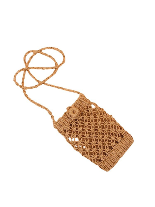 Szalmából készült crossbody táska – városi egyszerű stílus, függőleges négyszögletes forma, fedett nyitás, bélés nélkül