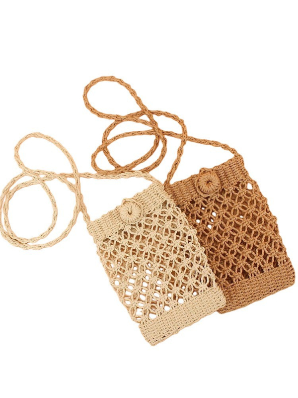 Szalmából készült crossbody táska – városi egyszerű stílus, függőleges négyszögletes forma, fedett nyitás, bélés nélkül