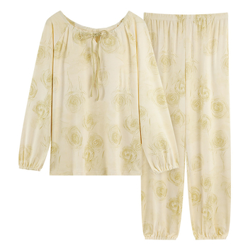 Női elasztikus pamut pizsamaszett mellkasbetéttel, kerek nyakú, hosszú ujjú