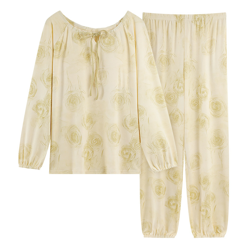 Női elasztikus pamut pizsamaszett mellkasbetéttel, kerek nyakú, hosszú ujjú