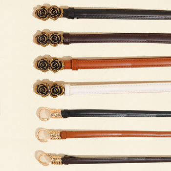 Női ruhaszíj PU bőrből, vékony szélességű, ötvözet csattal és kampóval, elegáns geometriai rózsás részlettel, Haoyu, 2024 nyár