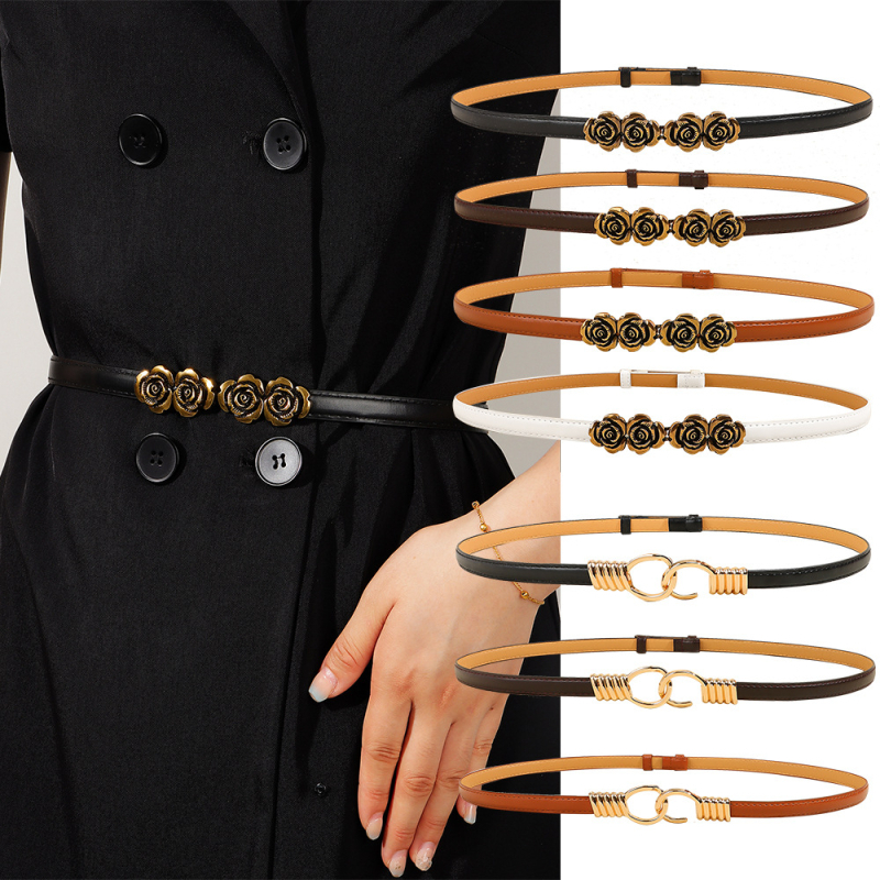 Női ruhaszíj PU bőrből, vékony szélességű, ötvözet csattal és kampóval, elegáns geometriai rózsás részlettel, Haoyu, 2024 nyár