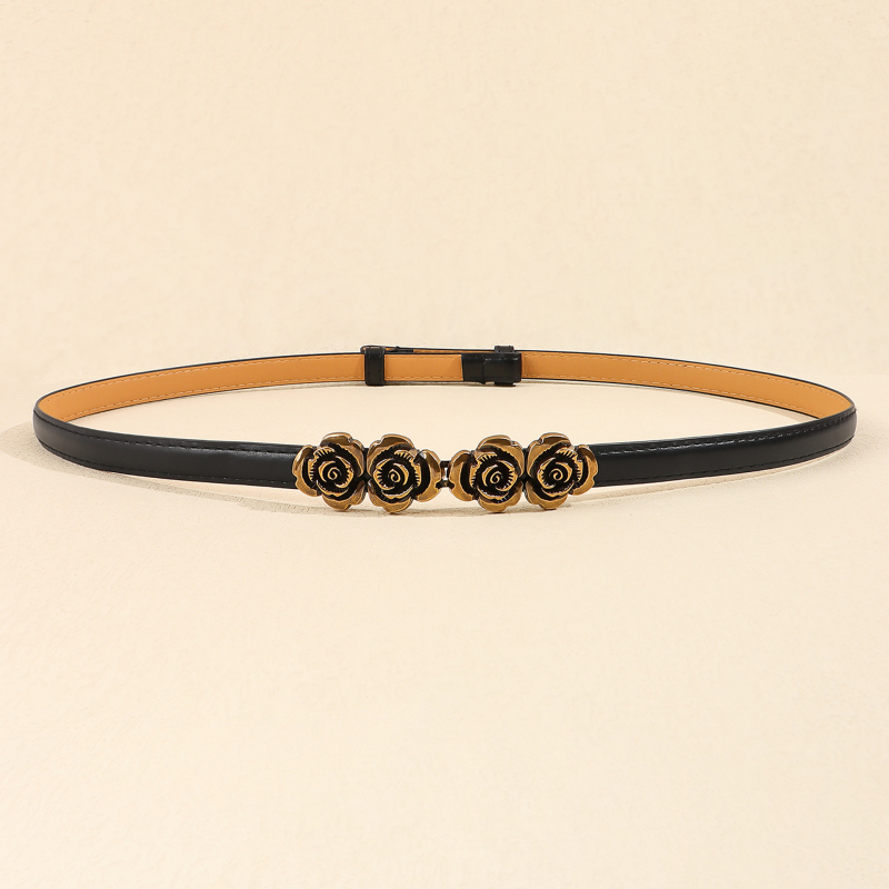 Női ruhaszíj PU bőrből, vékony szélességű, ötvözet csattal és kampóval, elegáns geometriai rózsás részlettel, Haoyu, 2024 nyár