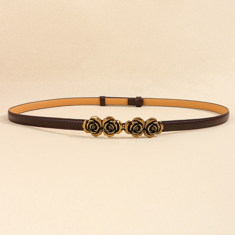 Női ruhaszíj PU bőrből, vékony szélességű, ötvözet csattal és kampóval, elegáns geometriai rózsás részlettel, Haoyu, 2024 nyár