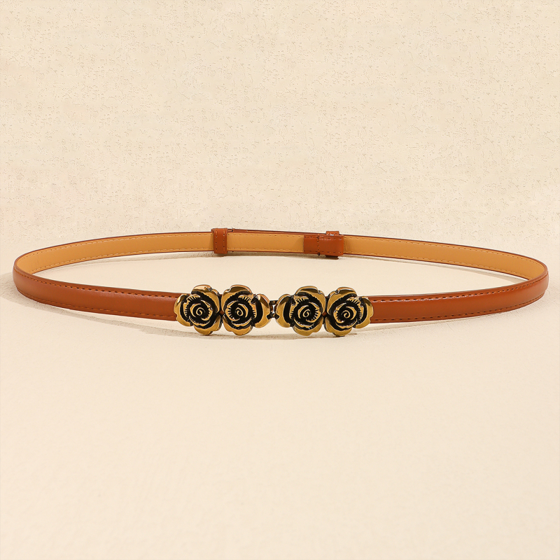 Női ruhaszíj PU bőrből, vékony szélességű, ötvözet csattal és kampóval, elegáns geometriai rózsás részlettel, Haoyu, 2024 nyár