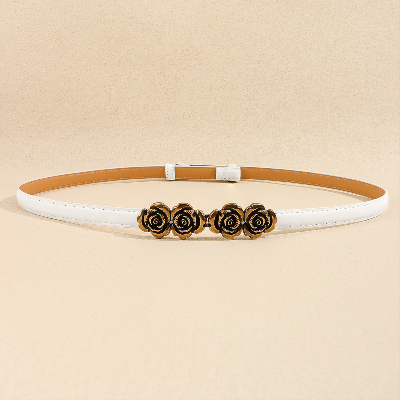Női ruhaszíj PU bőrből, vékony szélességű, ötvözet csattal és kampóval, elegáns geometriai rózsás részlettel, Haoyu, 2024 nyár