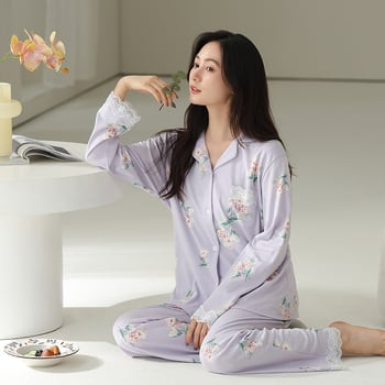 Cardigan-stílusú pizsama készlet, hosszú ujjú, galléros, pamut-Lycra keverék, könnyű és légáteresztő, 95–100% pamut, 181–200 g/m2, tavaszra és őszre