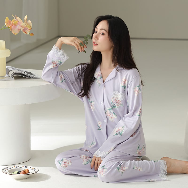 Cardigan-stílusú pizsama készlet, hosszú ujjú, galléros, pamut-Lycra keverék, könnyű és légáteresztő, 95–100% pamut, 181–200 g/m2, tavaszra és őszre