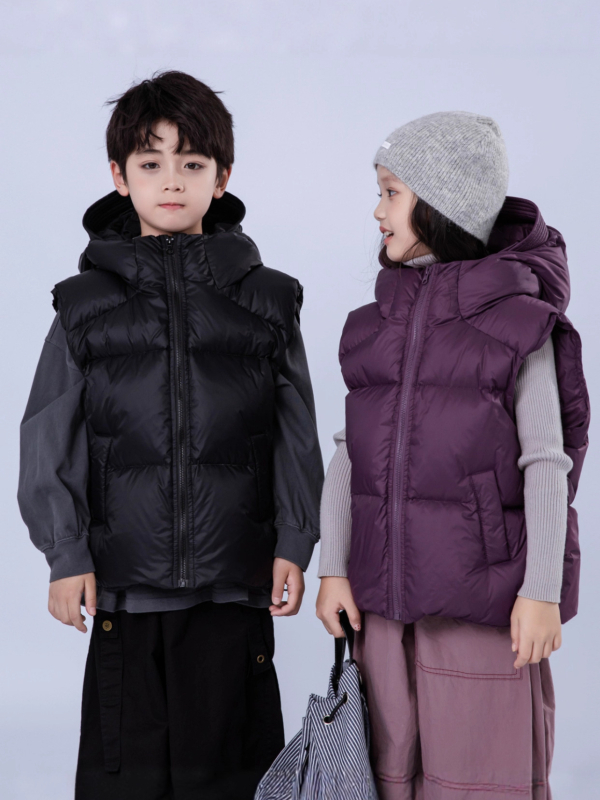 Παιδικό γιλέκο με κουκούλα σε κορεατικό στυλ, γέμισμα από down πάπιας 50–55%, παχυσμένο