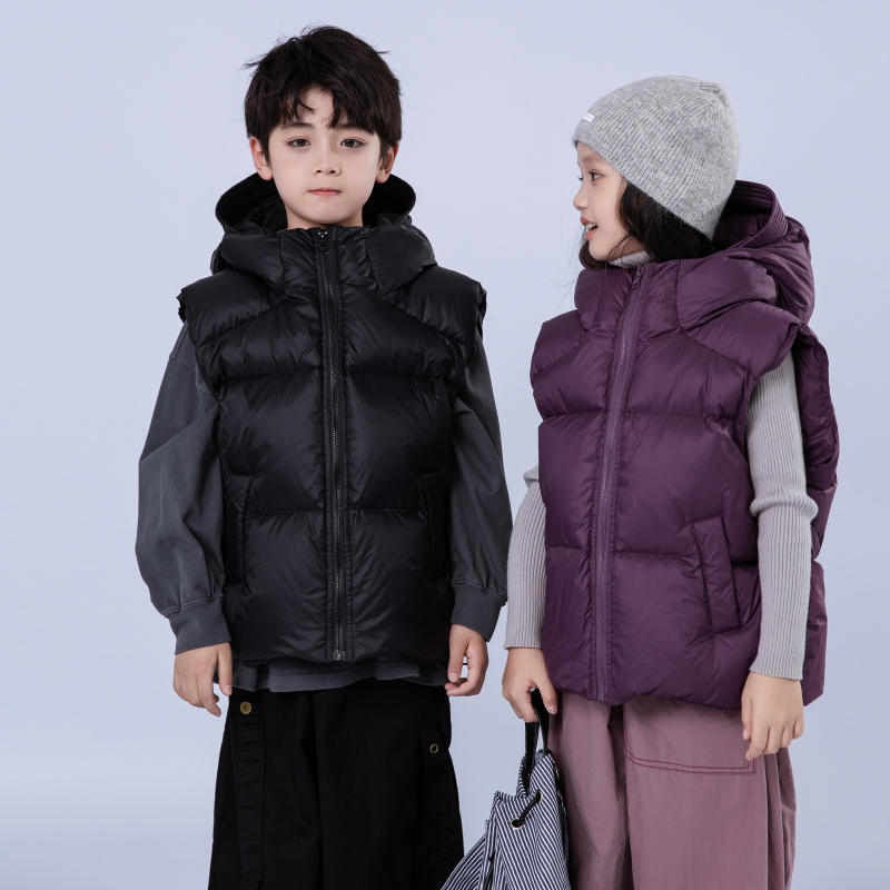 Παιδικό γιλέκο με κουκούλα σε κορεατικό στυλ, γέμισμα από down πάπιας 50–55%, παχυσμένο