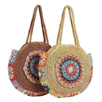 Geantă rotundă din paie împletite, cu fermoar, capacitate mare, buzunar pentru telefon