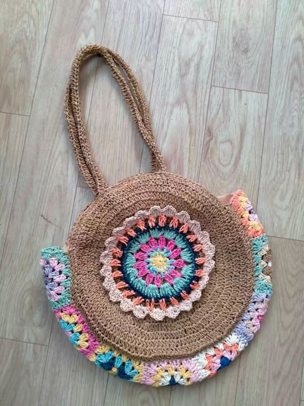 Geantă rotundă din paie împletite, cu fermoar, capacitate mare, buzunar pentru telefon