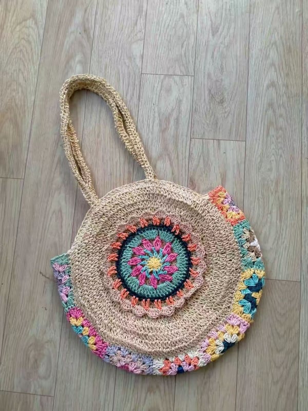 Geantă rotundă din paie împletite, cu fermoar, capacitate mare, buzunar pentru telefon