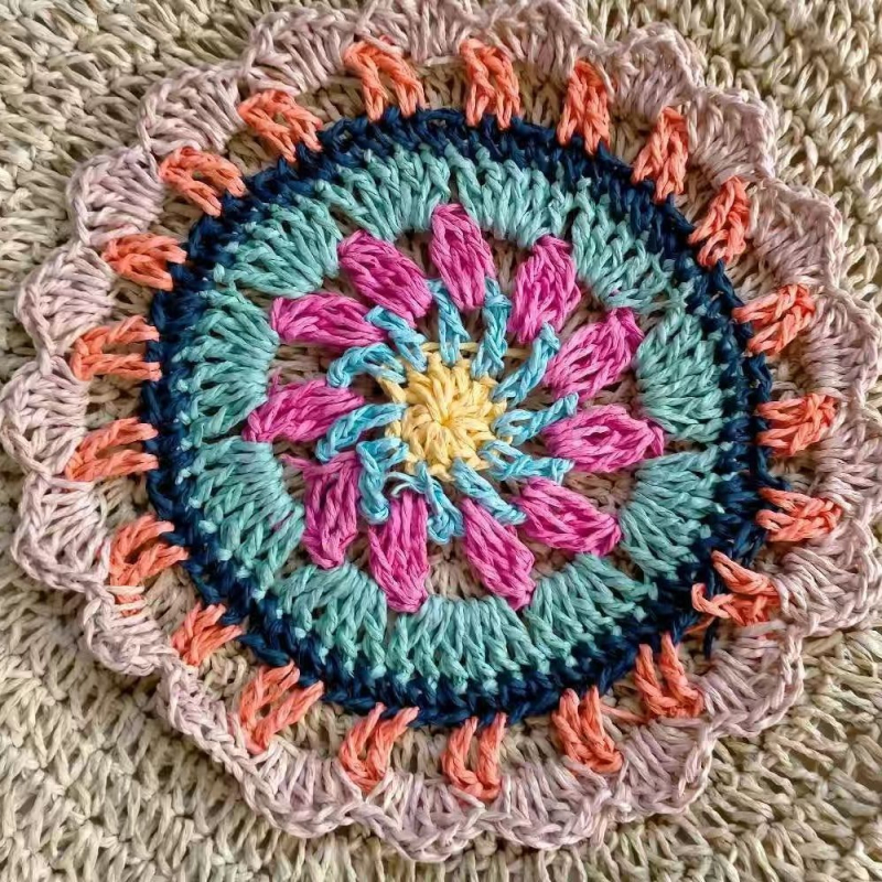 Geantă rotundă din paie împletite, cu fermoar, capacitate mare, buzunar pentru telefon