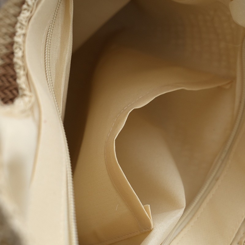 Geantă rotundă din paie împletite, cu fermoar, capacitate mare, buzunar pentru telefon