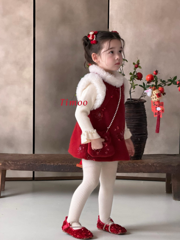 Детски двучастков костюм за момичета: вълнен комплект с подплата от флийс, дебел, дълги ръкави, зимно облекло, солиден десен, 90% полиестер