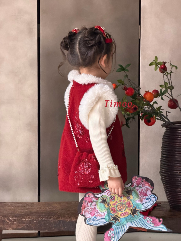 Детски двучастков костюм за момичета: вълнен комплект с подплата от флийс, дебел, дълги ръкави, зимно облекло, солиден десен, 90% полиестер