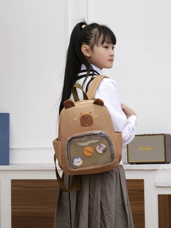 Детска раница с капибара — нейлон, износоустойчива, аниме графика, кръгли презрамки, полиестерна подплата