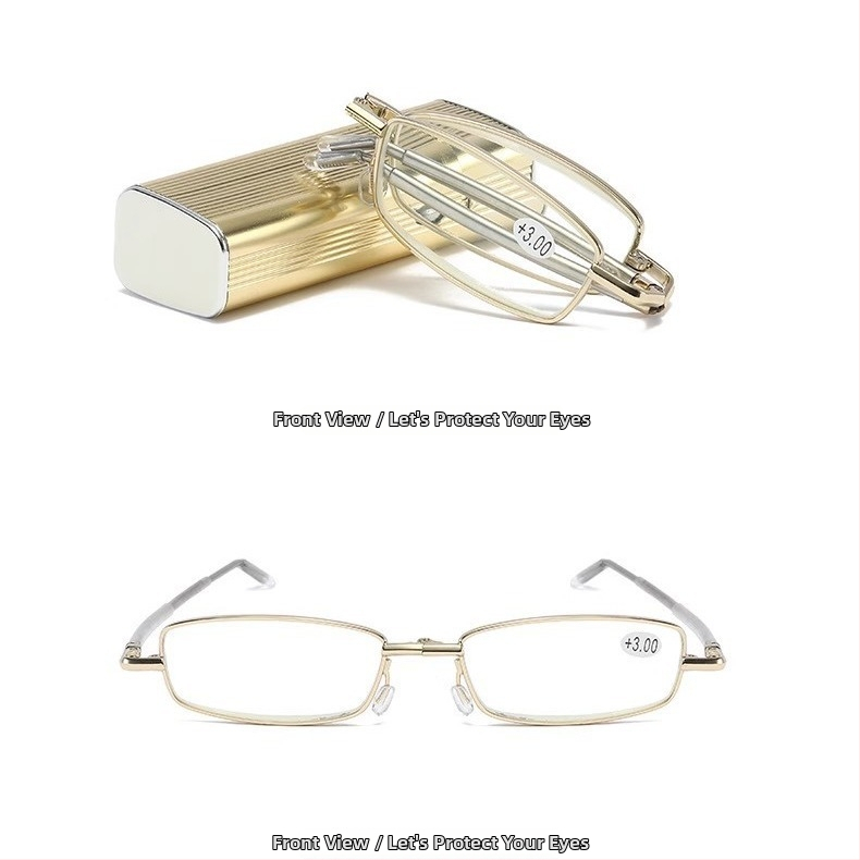 Sklopné čítacie okuliare s PC šošovkami, proti modrému svetlu a nárazuvzdorné, plný rám z kovu, oválny tvar, vintage literárny štýl