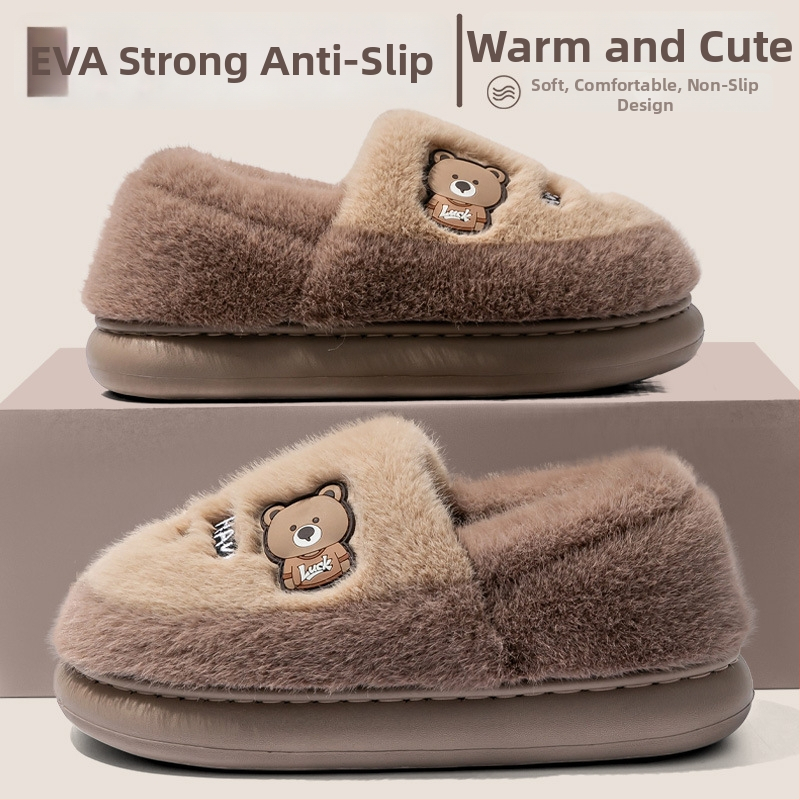 Мъжки чехли за дома с дебела подметка, пухено памучно вътрешно, суеде горна част, EVA подметка, свободен стил, есенно-зимна линия 2025
