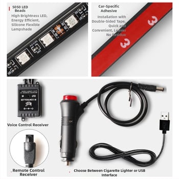 Lampă ambientală auto LED 5050, 72 LED, USB 5V / 12V, telecomandă și control vocal, splitter pe 4 canale