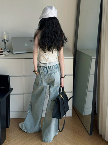 Детски летен двучастен комплект за момичета в корейски стил: безръкавно елече с дантела и изрязани детайли, разкъсани дънки, полиестерова тъкан 30%